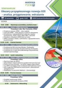 Grafika z agendą seminarium, w tle zdjęcie farmy wiatrowej.
