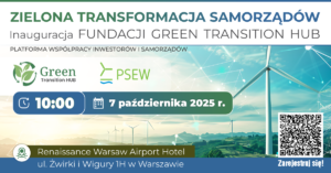 Grafika z wiatrakami z napisem Zielona transformacja samorządów Inauguracja fundacji Green transition hub