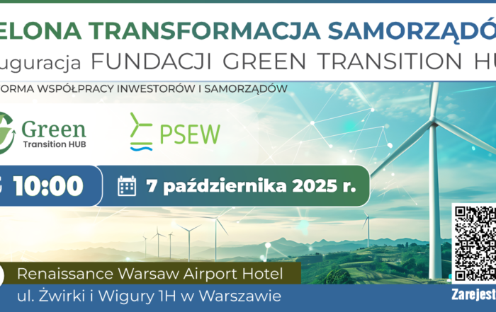 Grafika z wiatrakami z napisem Zielona transformacja samorządów Inauguracja fundacji Green transition hub